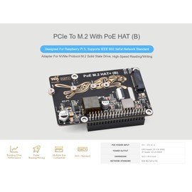 POE M.2 HAT+ (B) Combines PCIe to M.2 and Power Over Ethernet POE for Raspberry Pi 5, Supports NVMe M.2 2230/2242/2260/2280 SSD, IEEE 802.3af/at POE Network Standard