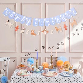 Puppy Party Happy Birthday Banner - Dog Theme Party Decorations, Dog Theme Pet Adoption Party Garland, Happy Birthday Sign Bunting Decoration, Pet Banner Backdrop Photo Props