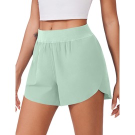 PINSPARK - Pantalones cortos deportivos para correr para mujer, cintura elástica, pantalones cortos para verano, color verde hielo, talla M, Verde Pálido, M
