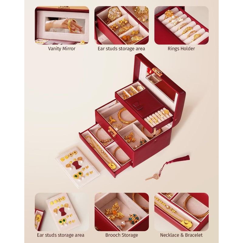CASEGRACE Jewelry Box,3 Layers Leather Jewelry Storage Box with Lock,