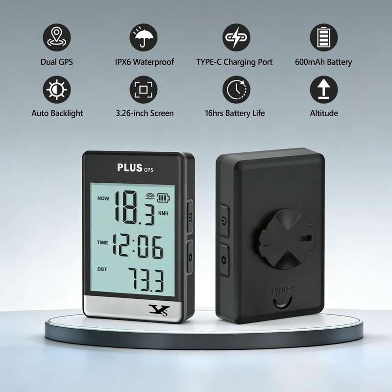 GPS Bike Computer Wireless Cycling Speedometer Odometer, 3.26" LCD Display