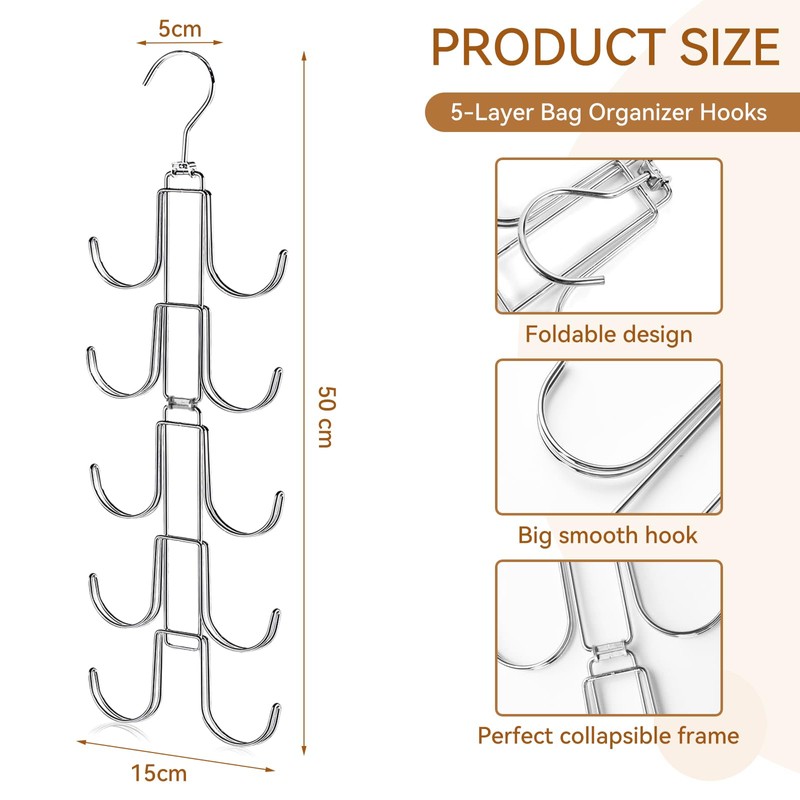 CharmBurst Handbag Organiser for Cupboard, Improved Handbag Hanger with 10