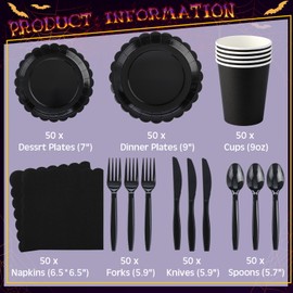 Ziliny 350 Pcs Black Plates and Napkins, 50 Guest Spring Party Supplies Include Scalloped Paper Plates Napkins Cups Plastic Spoons Forks Knives Disposable Tableware Set for Baby Shower