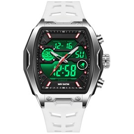 findtime Men's Watch Rectangular Wrist Watches for Men Luminous Countdown Alarm Waterproof Sport Analog Digital Large Dial White Silicon Strap