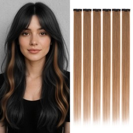 Benehair Clip-In Real Hair Extensions, 6 Pieces, Clip Real Hair Extensions, Single Clip, Real Hair Extension Clips, Virgin, Free to Wear, One Piece Hair Extensions, 25 cm, Dark Linen #6