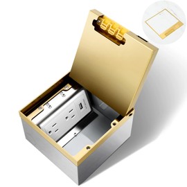 Vagueior Recessed Flat Hidden Floor Electrical Outlet Kit,Hidden Duplex 15A Tamper-Resistant Receptacle Outlet and 2.1A USB Port，Waterproof Electrical Outlet Covcer Box,Gold