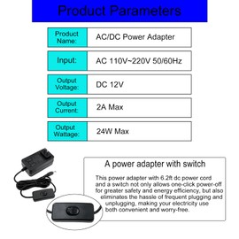 DC 12V Power Supply 2A AC Adapter,DC 12V Power Cord 6.2FT with Switch,100-240 50/60Hz to 12 Volts 2 Amp 24W Universal Transformer,5.5x2.5mm Plug & 8 Tips for Devices Powered by 12V and Less Than 24W