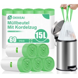 OKKEAI Bin Liners 15 L with Drawstring White Bin Bags, Pack of 60 Waste Bags with Handles