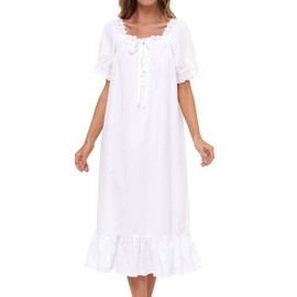 Lu's Chic Women's Victorian Nightgown Cotton Sleepwear Long Loungewear Short Sleeve Soft Nightwear Night Dress Sleep Calf Length Ruffle Nightdress Scoop Neck Lace Solid White X-Large