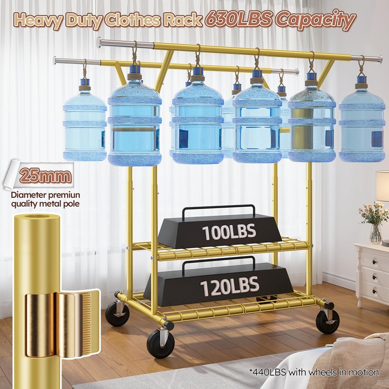 Raybee 74" W Heavy Duty Clothes Rack, Double Rods Gold