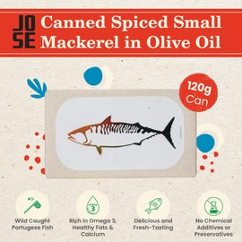 Canned Spiced Small Mackerel in Olive Oil by Jose Gourmet, Wild Caught Portuguese Mackerel, Tinned Fish in Olive Oil, High Protein Sustainable Seafood Snacks, Omega 3, Fair Trade, 120g Can, Pack of 8