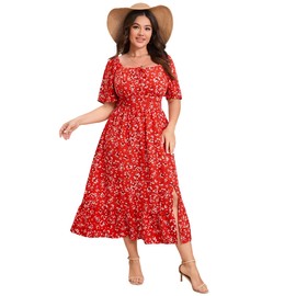 ShopWonder Womens Plus Size Square Neck Floral Print Summer Dress Ruffle Short Sleeve Tie Front Slit Hem Boho Maxi Dress Red White Flower 3XL