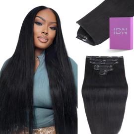 IDN BEAUTY Clip in Hair Extensions Real Human Hair Straight 120g Natural Black Double-layer Lace Clip In for Black Women Soft Breathable Lace Invisible Seamlessly Blending 7pcs 24 Inch