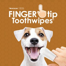 Petkin Fingertip Tooth Wipes for Dogs and Cats, 100 Finger Wipes - Slip-On, Snug Fit, Micro-Bristle Fabric - Cleans Teeth, Gums, Plaque & Tartar - Convenient, Ideal for Home and Travel - Peanut Butter