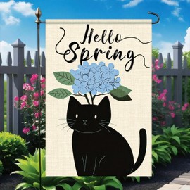 BlissYard Welcome Spring Cat Garden Flag 12x18 Double Sided Colorful Floral Garden Yard Flag Farmhouse Holiday Decorations Black Cat for Spring Outdoor Holiday Porch Flags Seasonal Decor Outside