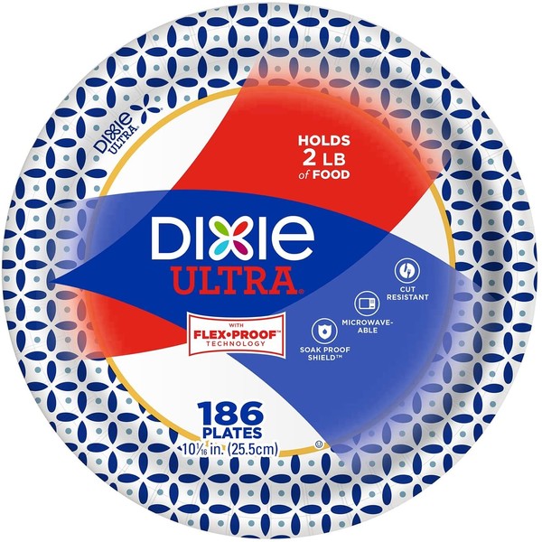 Dixie 10 1/16" Big Party Pack, Microwavable Ultra Paper Plates, Soak Proof Shield - Heavy Duty Plates, - 186 Plates