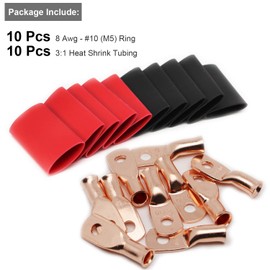 TKDMR 10pcs 8 AWG-#10 Battery Lugs,Heavy Duty Wire Lugs,Ring Terminals,Battery Cable Ends,0 Guage terminals,Battery Terminal Connectors with 10pcs 3:1 Heat Shrink Tubing