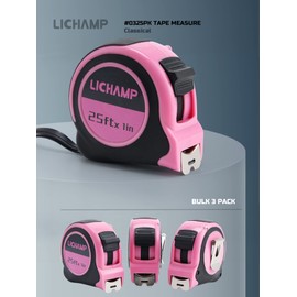 Lichamp Tape Measure 25 Feet, Pink Tape Measure 3 Pack 25ft x 1in with 1/8 Fractions, 0325PK