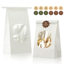 Tenare 50 Pcs Bakery Bags with Window 3.54 x 2.36 x 6.7 Inch Kraft Paper Bags Tin Tie Tab Lock and 60 Pcs Lovely Handmade Label Seal Stickers Window for Coffee Cookie Treat(White)