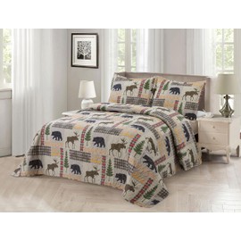 Rugs 4 Less Brown Rustic Quilted Bedding Set – Buffalo Check Plaid Bear, Moose & Pine Tree Wilderness Patchwork Design – Cabin & Lodge Décor Bedspread Coverlet Quilt Ensemble