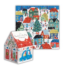 Galison Christmas in The Village – 500 Piece Unique House Shaped Puzzle with Bright and Bold Artwork of Merry Christmas Village Scenery for Adults and Families