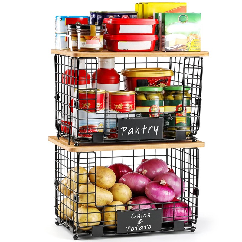 2 Set XL Stackable Wire Basket with Bamboo Tops &