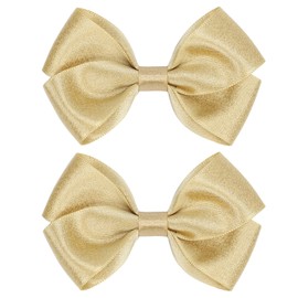 ZOLYCO Tiny 3 Inch Glitter Hair Bows Clips - Lined Boutique Alligator Hairpin for Baby Girls, Toddlers, and Little Teens - Kids Barrettes Set of 2 Small Stylish (Gold)