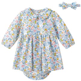 pureborn Baby Girls Dress with Bloomer Infant Girl Long Sleeve Playwear Dress with Diaper Cover 18-24 Months Floral Blue