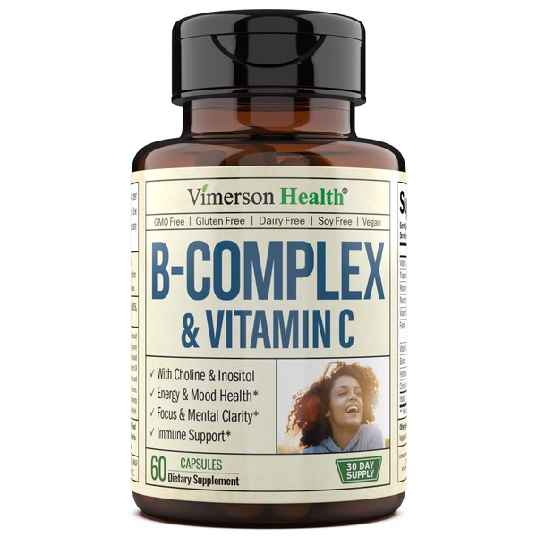 B-Complex Vitamin Supplement with 8 B-Vitamins: B1, B2, B3, B5, Vitamin B6, B7, Vitamin B12, Folate plus Choline, Inositol & Vitamin C. Vitamin B Complex Vegan for Better Absorption & Immune Support