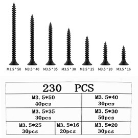 230 Pcs M3.5 Self Tapping Wood Screws Assortment Set, Black Self Drilling Drywall Screws, Carbon Steel Countersunk Head Flat Round Head Plasterboard Screws for DIY Woodworking Metal Screws