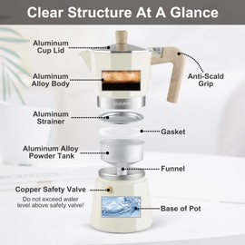 Sivaphe Aluminum Moka Pot 6 Espresso Cups, Percolator Espresso and Coffee Maker, Portable Stovetop Italian and Cuban Café Brewer for Home and Camping White