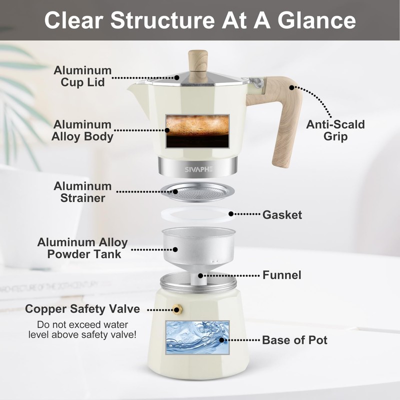 Sivaphe Aluminum Moka Pot 6 Espresso Cups, Percolator Espresso and