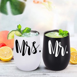 GINGPROUS Mr and Mrs Wine Tumbler Set, Wedding Wine Tumbler, 12 Oz Insulated Stainless Steel Wine Tumbler for Newlyweds Couples Wife, Wedding Tumbler Idea for Bridal Showers Engagement, Set of 2