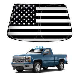 B&W American Flag Car Windshield Sun Shade Compatible with Chevy Silverado 2014-2018 - Foldable Reflective USA Patriotic Window Sunshade for UV Protection & Heat Reduction