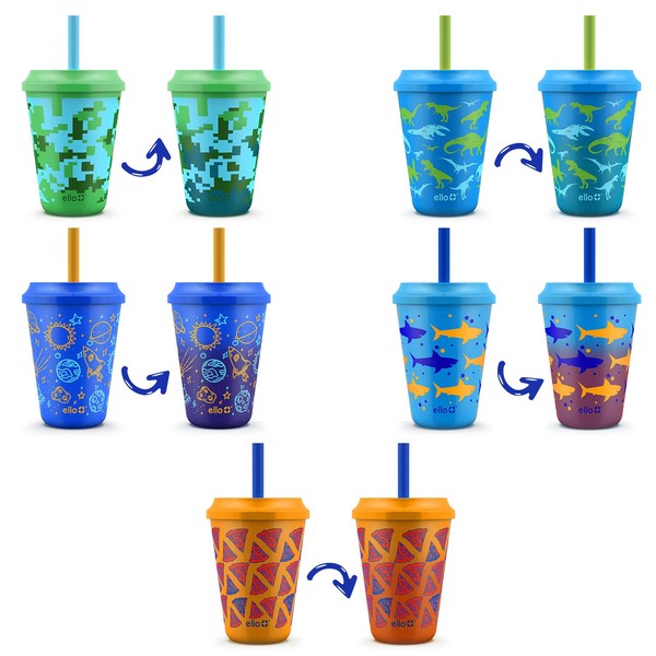 Ello Vasos de plástico reutilizables que cambian de color para niños con tapas giratorias a prueba de salpicaduras y popote, sin BPA, apto para lavaplatos, 12 onzas, selva tropical, paquete de 5