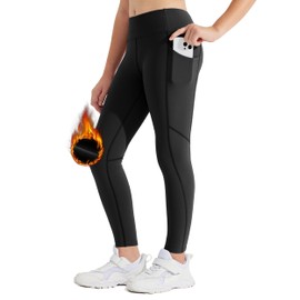 Willit Girls Fleece Lined Leggings Pants with Pockets Water Resistant Thermal Tights Black S