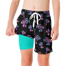 Kids Swim Shorts with Colorful Liner Neon Palm Board Shorts for Boy Summer Swim Trunks 10/11/12 Years Child Purple Trees Stretch Shorts Swimwear with Drawstring