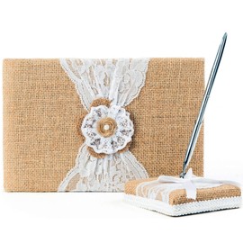 BETTERLINE Rustic Wedding Guest Book Made of Burlap and Lace - Includes Matching Pen Holder and Silver Pen - 120 Lined Pages for Guest Thoughts - Comes in Gift Box (Pearl Flower)
