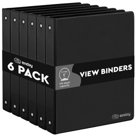 1 Inch 3 Ring Binder 1” Binder Black Clear View Cover with 2 Inside Pockets, Colored School Supplies Office and Home Binders, 6 Pack – by Enday