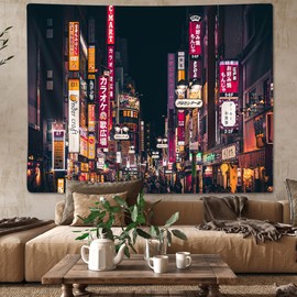 Emwnodti Japanese City Tapestry Wall Hanging, Tokyo Night View Japan Street Scene Cityscape Print Wall Tapestries, Asian Japanes Anime Wall Decor Tapestry for Bedroom Dorm Home Offiece