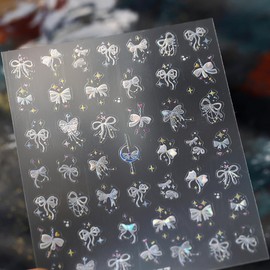 Bow Nail Sticker Decals Star Nail Art Stickers White Silk Bow Knot Nail Art Decals with Design 5D Embossed Self Adhesive Nails Charms for Women Girls Manicure DIY Decoration Supply