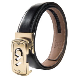 white deer Men's Ratchet Leather Belt Without Holes Automatic Closure Business Suit Clothing 35mm Width Adjustable, Bronze and black