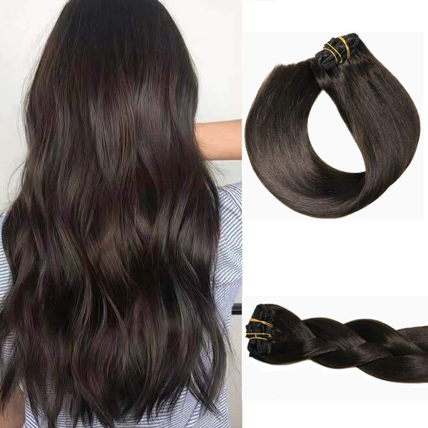 Clip in Human Hair 14 inch 7pcs 120g Aison Medium Long Hair Double Weft Grade Silky Straight Black Hair Extensions Clip in