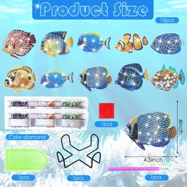 YLOLUL 10 Pcs Fish Coasters Fish Diamond Art Tropical Diamond Art Kits DIY Fish Diamond Art Coasters with Holder for Beginner Adults Kids Craft Supplies Gift