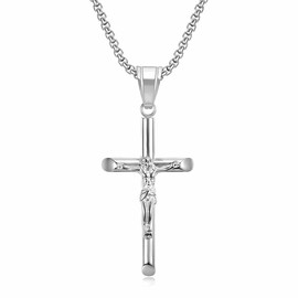 Sonateomber Big Jesus Crucifix Cross Pendant Silver Necklace for Women Men - Chunky Thick Long Box Chain Christian Catholic Gothic Stainless Steel Costume Jewelry GIft