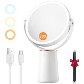 Auxmir Makeup Mirror with Lights, Double Sided 30X/1X Magnifying Mirror, 3 Color Stepless Dimmable Mirrors with Touch Screen, 2000 mAh Rechargeable 360° Free Standing Vanity Mirrors for Women