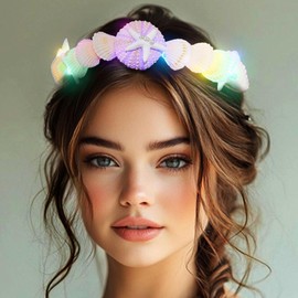 CAKURE Light Up Seashell Headbands Chain Led Starfish Head Chain Mermaid Hair Accessories for Women (a-starfish&shell, one size)