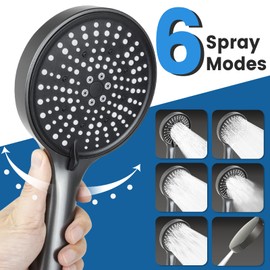 Water Saving Shower Head, 125 mm Large Shower Head with 6 Jet Types, Turbocharged Design, High Pressure, Hand Shower Head for Bathing, Economy Shower Head, Rain Shower Head Pressure Increasing, Shower
