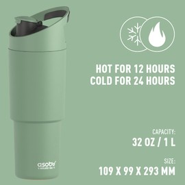 asobu Cosmic Water Bottle - 32oz/1 Ltr Stainless Steel Chilled Water Bottle, Secure Grip Handle, Ideal for Travel, Fits Cup Holders, Keeps Beverages Cold, Green