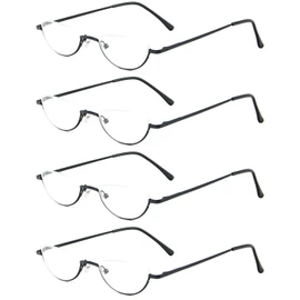 REAVEE 4 Pack Retro Designer Alloy Half Moon Reading Glasses for Women Men Half Frame Spring Hinge Stylish Slim Reader with Pouch, Black 1.75